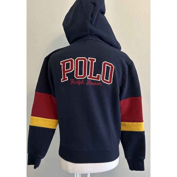 Polo Ralph Lauren Hoodie Colorblock Blue Maroon Logo Zip Up Women XS / Youth M - Picture 2 of 16